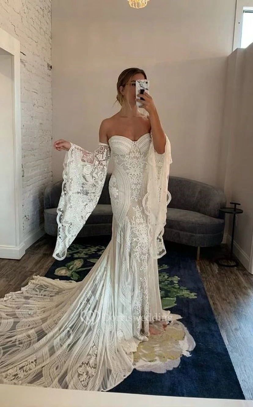 Boho-Hochzeitskleid im Meerjungfrauenstil mit Spitze, schulterfrei, Glockenärmeln und langen Ärmeln view 5
