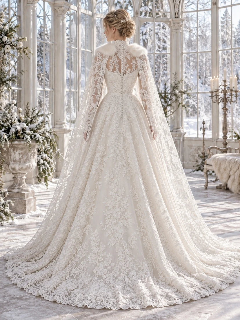 Vestido de novia vintage de corte A con cuello alto, manga larga, ribete de piel y encaje view 2