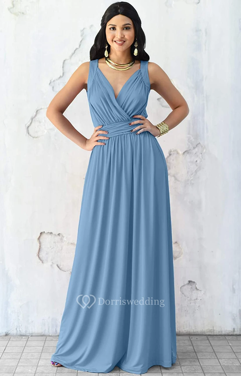 Sexy V-neck A Line Sleeveless Floor-length Chiffon Bridesmaid Dress With Ruching