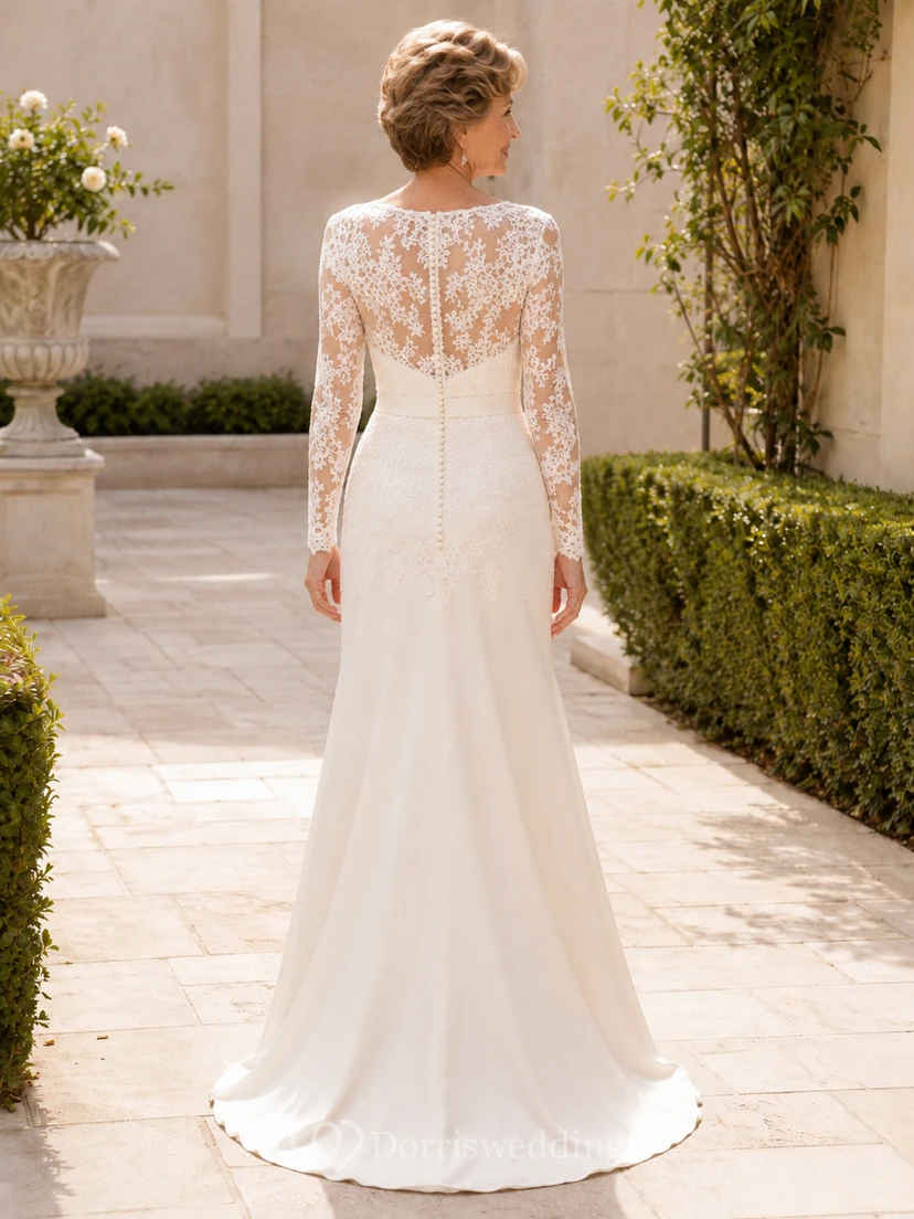 Romantic Mature Bride Mermaid Floral Lace Long Sleeve Sweep Train Wedding Gown view 2
