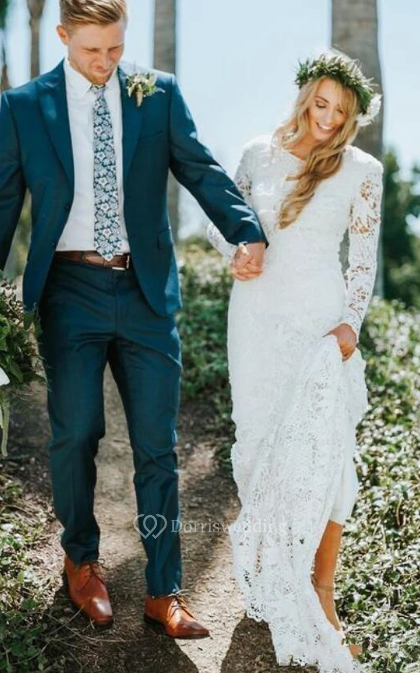 Vestido de novia bohemio de manga larga con encaje, corte modesto y falda acampanada