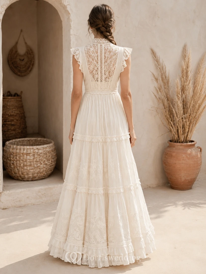 Modest High Neck Lace Tiered Chiffon A Line Bridal Wedding Dress view 2