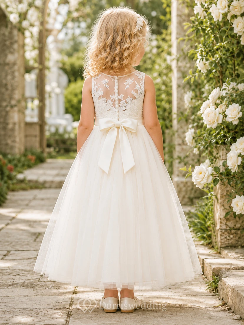 Robe mi-longue en tulle et dentelle, coupe trapèze, col rond, sans manches, ornée d'un nœud, pour demoiselle d'honneur view 2