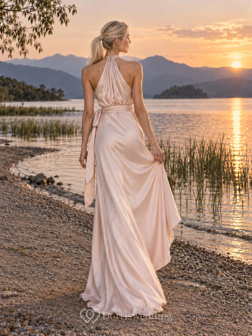 Vestido de novia sencillo color rosa empolvado con cuello halter alto y lazo lateral de satén view 2