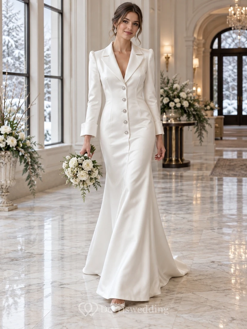 Vestido de novia de satén con mangas largas, cuello con muescas y botones, estilo sirena.