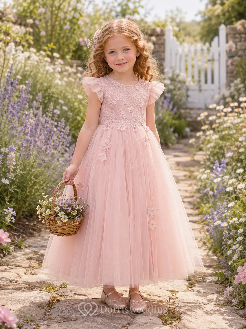 Blumenmädchenkleid aus rosafarbenem Tüll, A-Linie, Rundhalsausschnitt, Teelänge, mit Schärpendetails