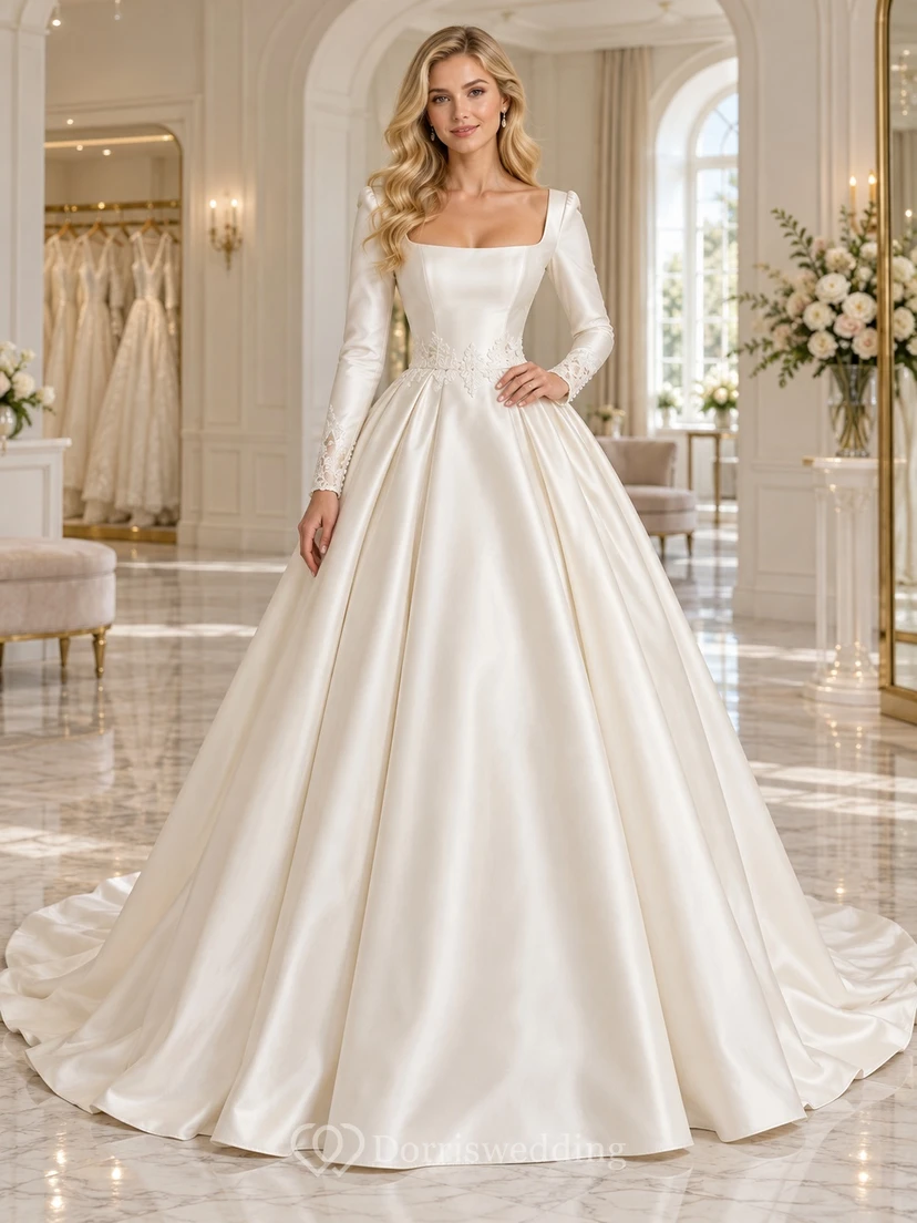 Square Neck Long Sleeve Satin Full Ball Gown Wedding Dress