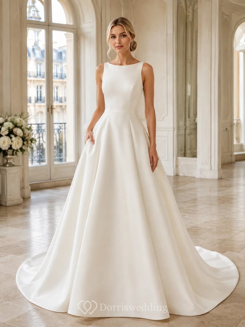 Vestido de novia sencillo y modesto con cola de corte A y escote barco.