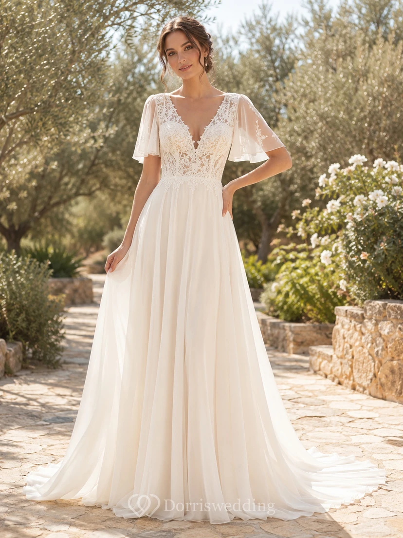 Boho V Neck Flutter Lace Sleeve Chiffon A-Line Sweep Summer Wedding Gown