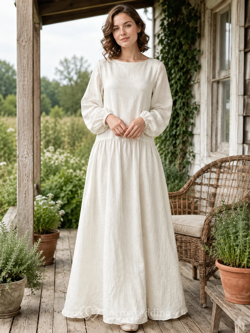Loose Long Sleeve Linen Cottage A Line Bridal Dress