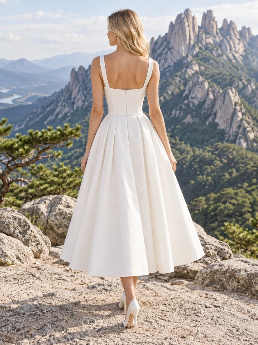 Einfaches, wadenlanges, ärmelloses, plissiertes Brautkleid mit eckigem Ausschnitt und Teelänge view 2