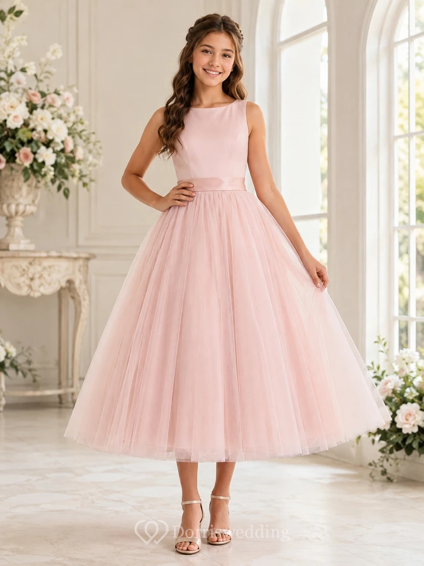 Perlmuttrosa Brautjungfernkleid, A-Linie, ärmellos, mit quadratischem Rock aus Tüll