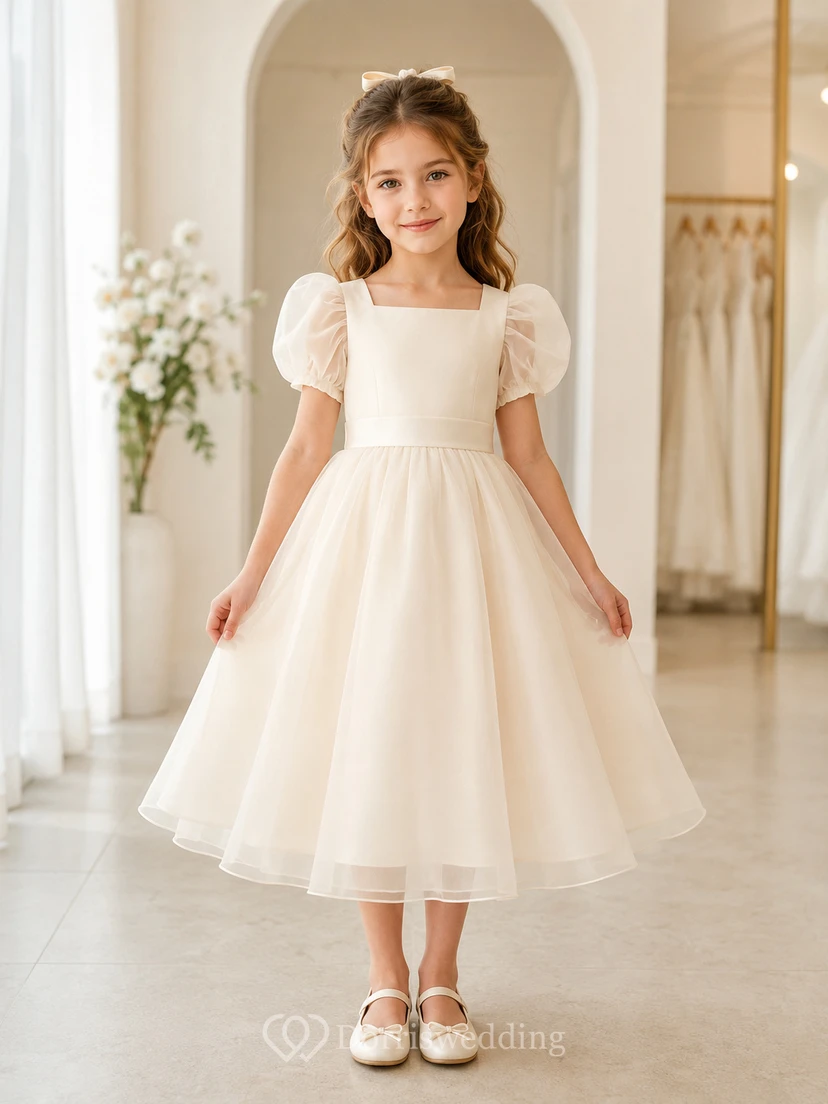 Klassisches A-Linien-Kleid aus Tüll mit Schleife für Blumenmädchen, kurzen Ärmeln, Rundhalsausschnitt, wadenlangem Rock und Schleifendetail.