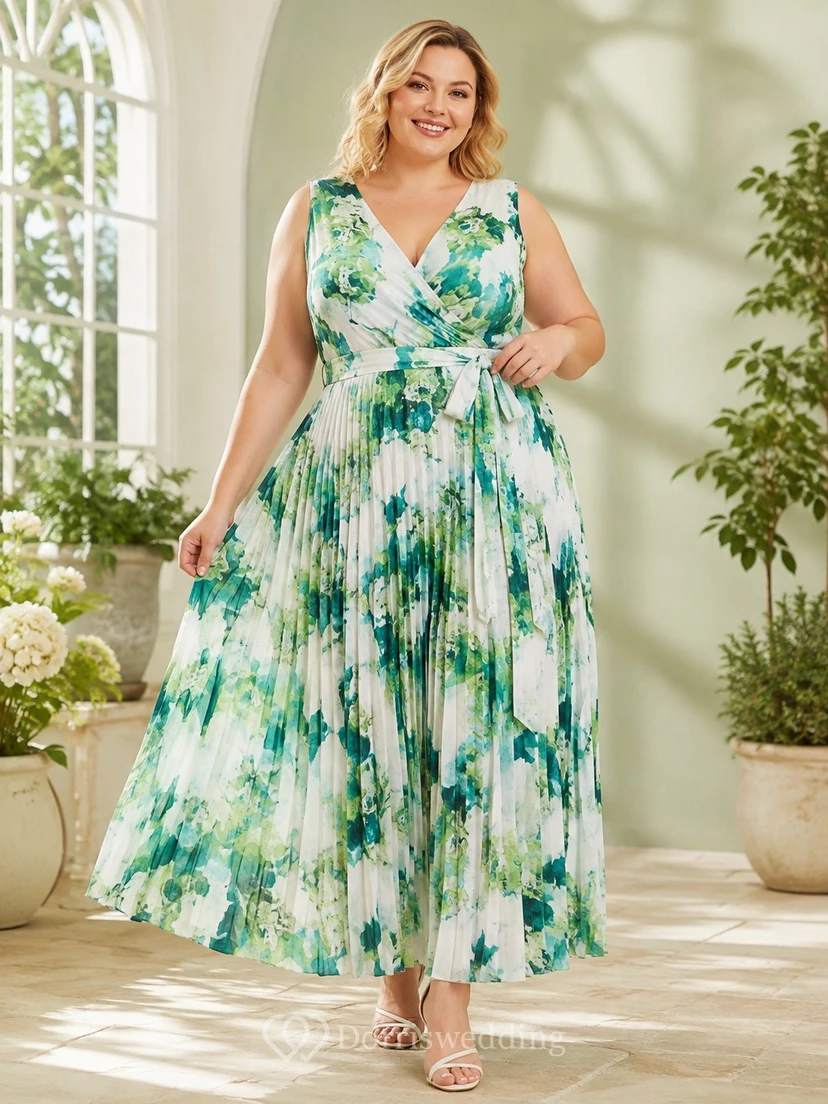 Floral Plus-Size Chiffon V-Neck Sleeveless A-Line Tea-Length Dress