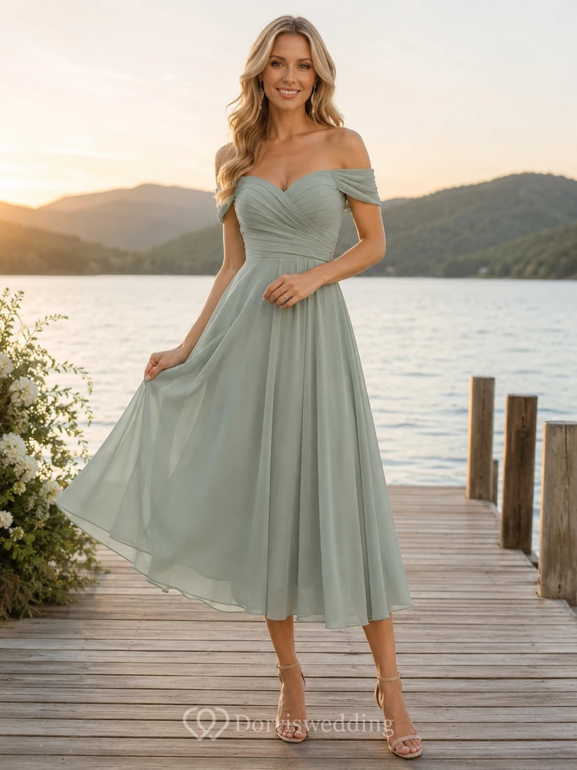 Lakeside Sage Off-Shoulder Tulle Chiffon A-Line Tea-Length Guest Dress