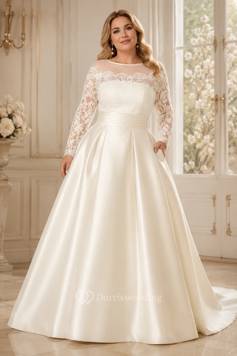 Robe de mariée élégante en satin, coupe trapèze, manches longues et fronces.