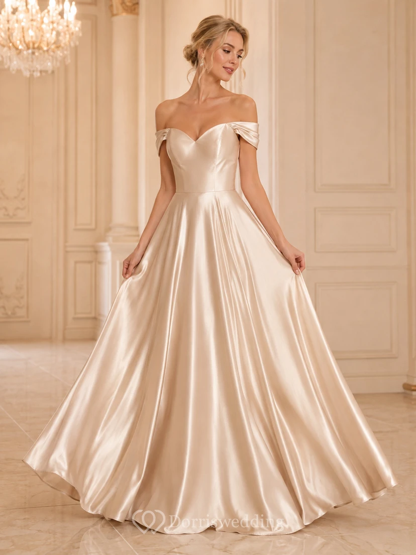 Champagnerfarbenes schulterfreies A-Linien-Ballkleid aus Satin