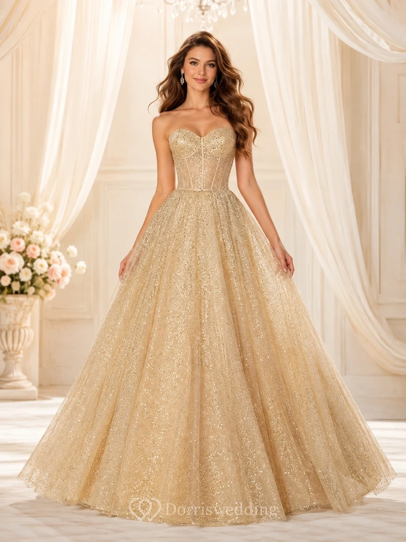 Champagne Sequin Strapless Sweetheart Ball Gown Floor-length Dress