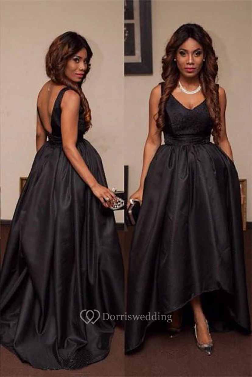 Sexy schwarzes ärmelloses Ballkleid mit V-Ausschnitt und Hi-Lo-Schleppe