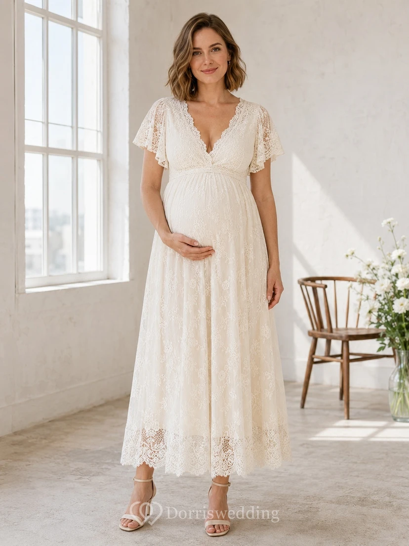 Maternity Wedding Dress Lace A-Line Tea-Length V-Neck Short Sleeve Romantic Garden Style