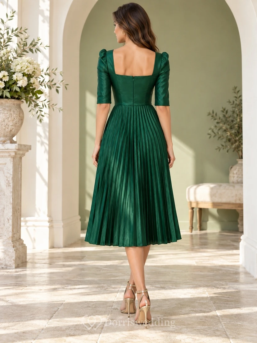 Dark Green Square Neck Elbow Sleeve Pleated Guest Dress view 2