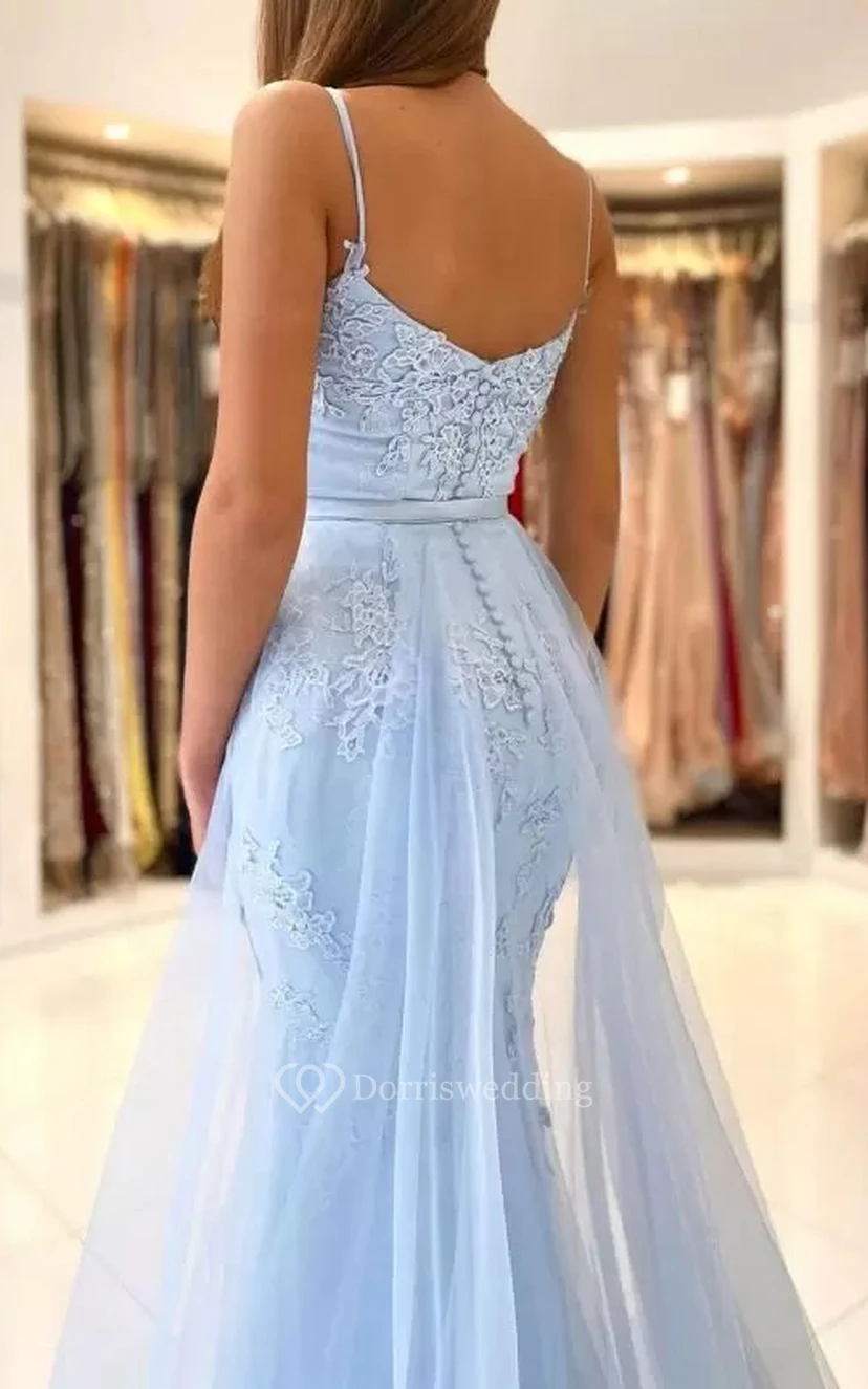 Ätherisches Meerjungfrauen-Spitzenkleid mit Spaghettiträgern, bodenlang, ärmellos und mit abnehmbarem Rock view 2