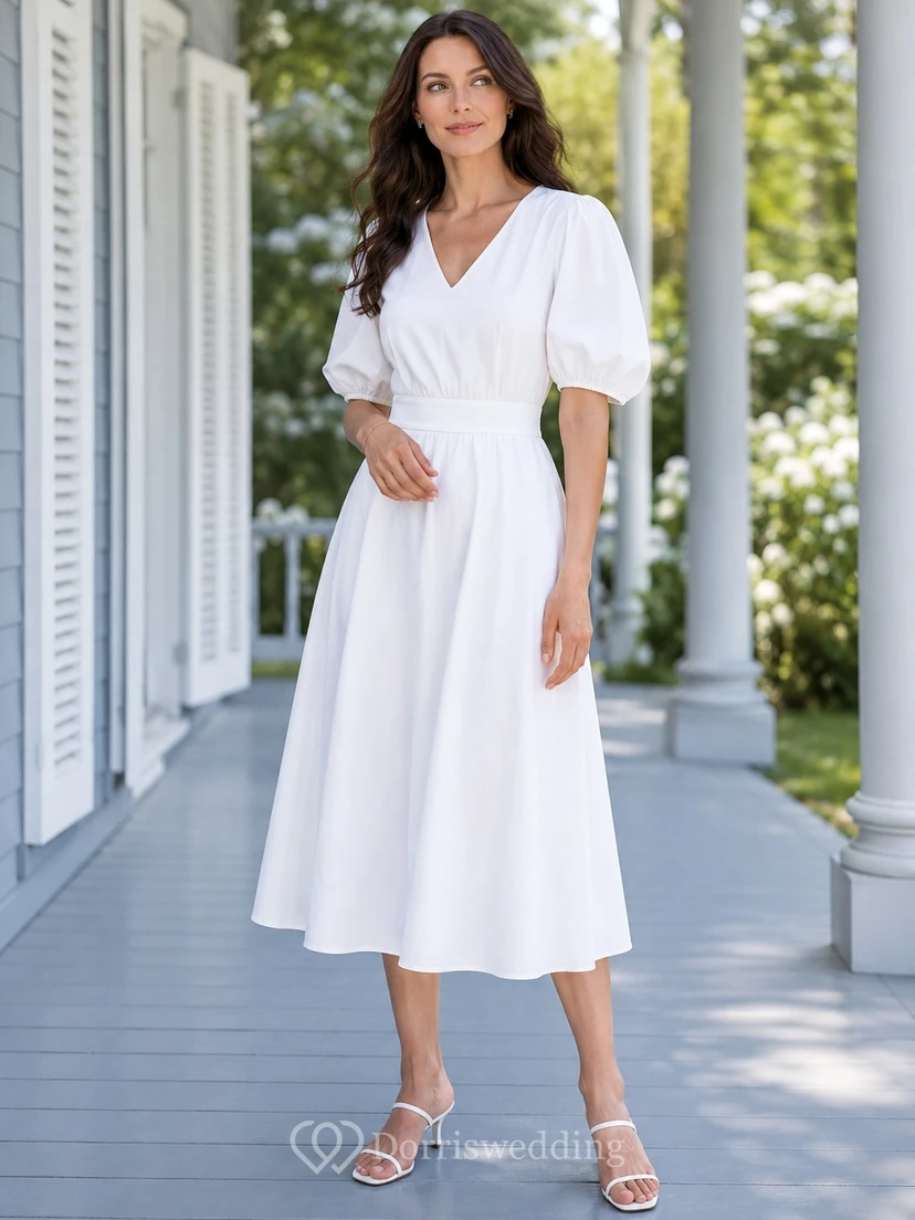 Modest Tea-Length V-Neck Puff Sleeve Chiffon A-Line Civil Bridal Wedding Dress