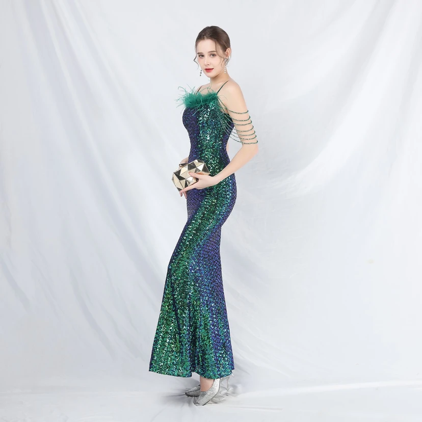 Craft Beaded Ostrich Feather Fantasy Sequined Long Evening Dress view 5