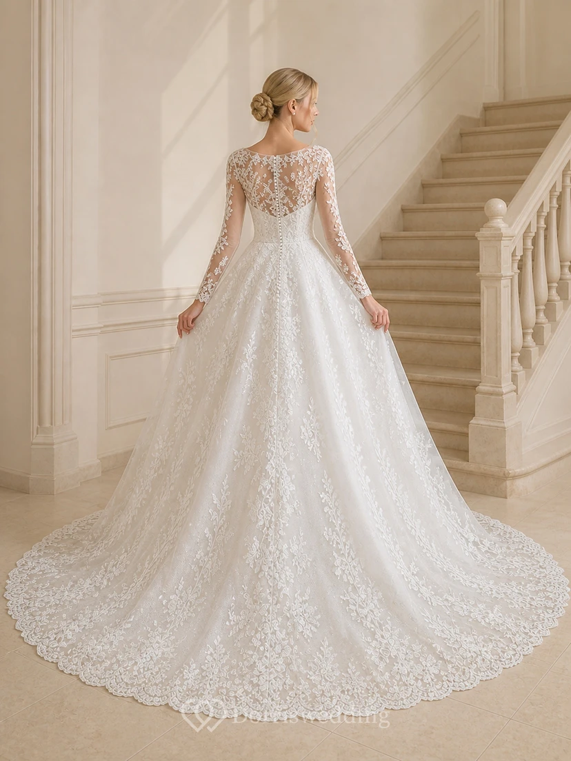Vestido de novia romántico de corte capilla con escote barco y mangas largas en A view 2