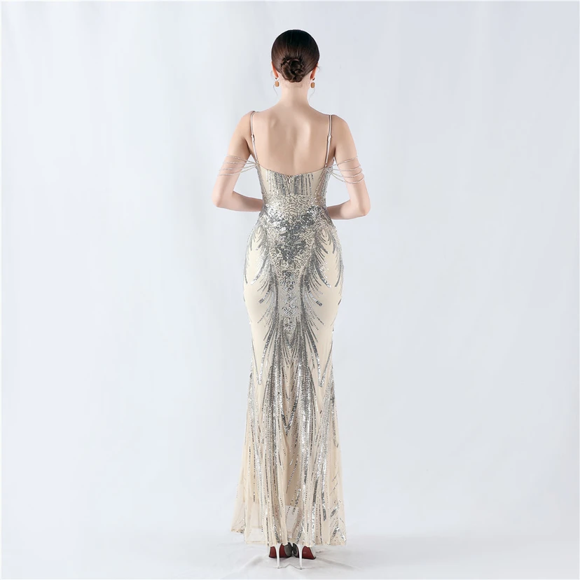 Waist-Reduced Fishbone Shaping Positioning Flower Sequined Anchor Sexy Beaded Suspender Evening Dress view 6