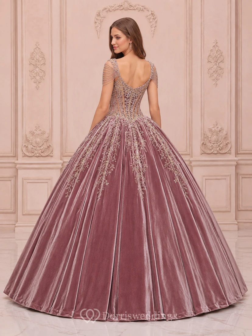 Vintage Mauve Modest V Neck Cap Sleeve Crystal Velvet Quinceanera Princess Ball Gown view 2