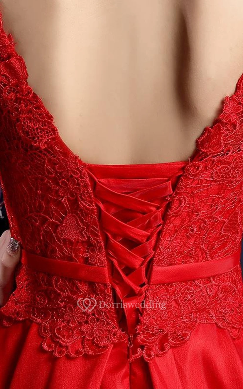 A-line Cap Sleeves Knee-Length Lace Prom Dress view 5
