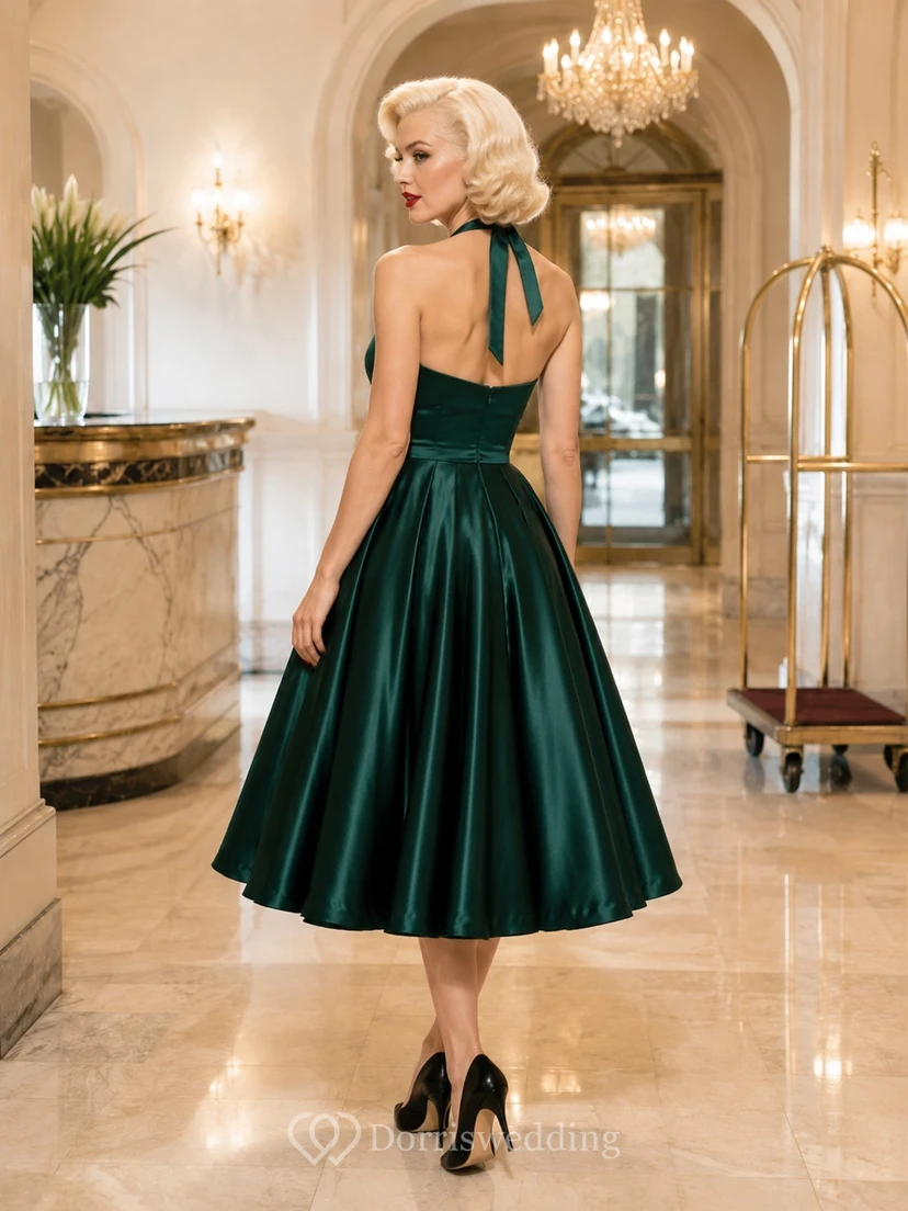 Vintage Dark Green Halter Satin A-Line Tea-Length Backless 1950s Cocktail Dress view 2
