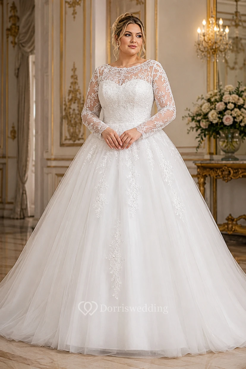 A-Linien-Kleid mit langen Ärmeln, Applikationen, Kapellenschleppe, Reißverschluss und Schnürung am Rücken, Tüllspitze und Pailletten view 4