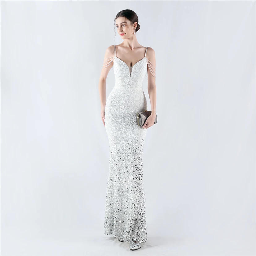 Velvet-Bottom Gradient Sequined Sexy Beaded Suspender Evening Dress view 5