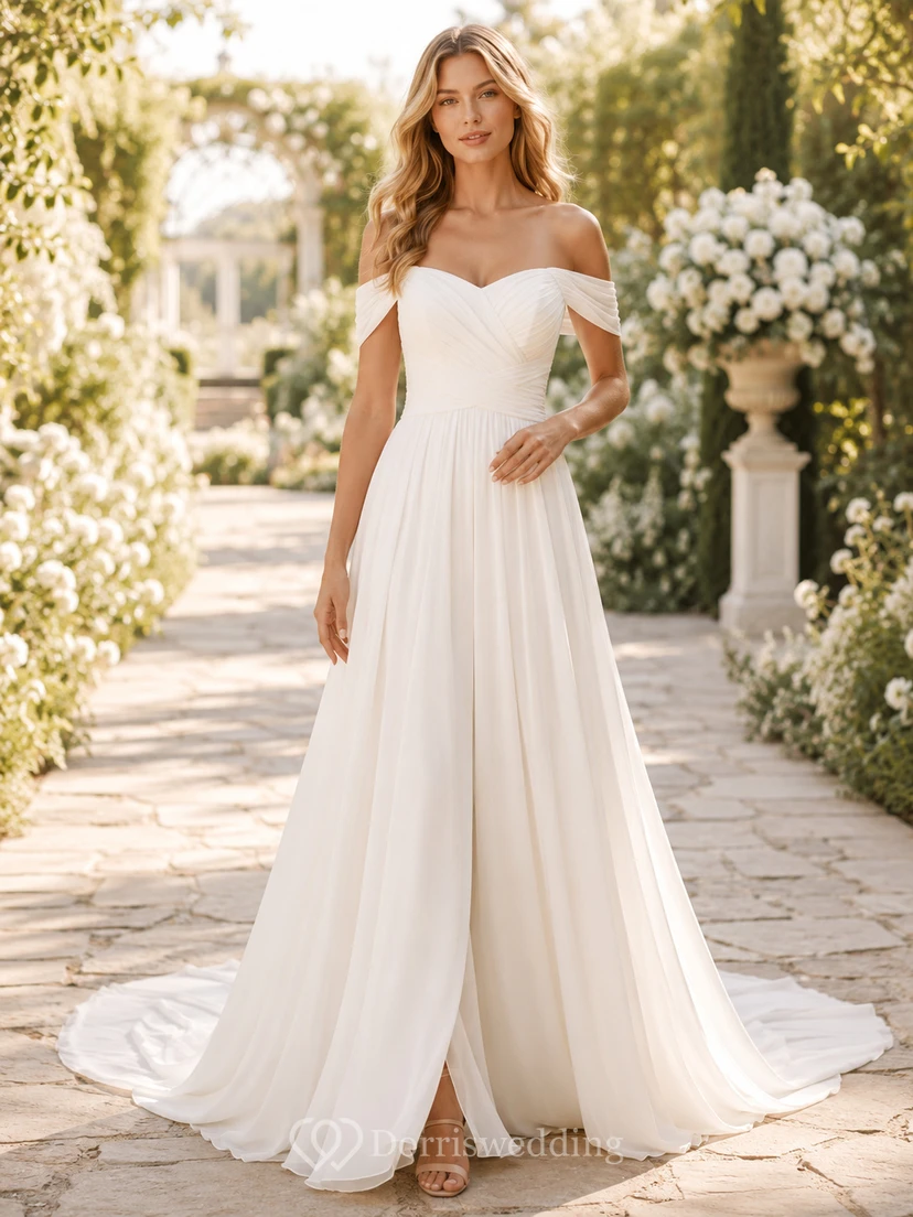 Chiffon-Brautkleid in A-Linie, schulterfrei, bodenlang mit Schlitz und tiefem V-Ausschnitt am Rücken
