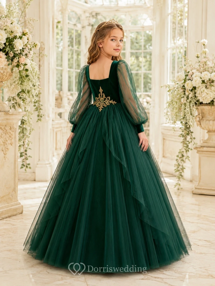 Dark Green Tulle High Neck Long Sleeve Flowergirl Ball Gown view 2