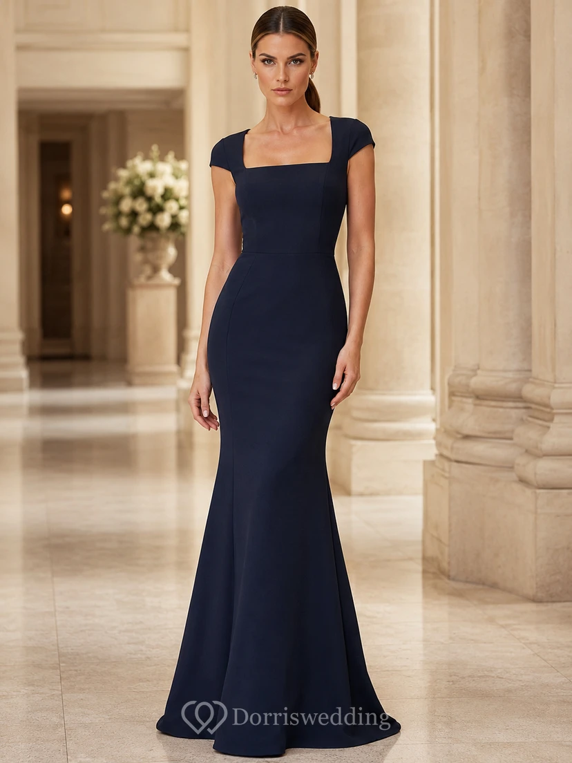 Vestido de sirena azul marino oscuro con escote cuadrado y lazo negro