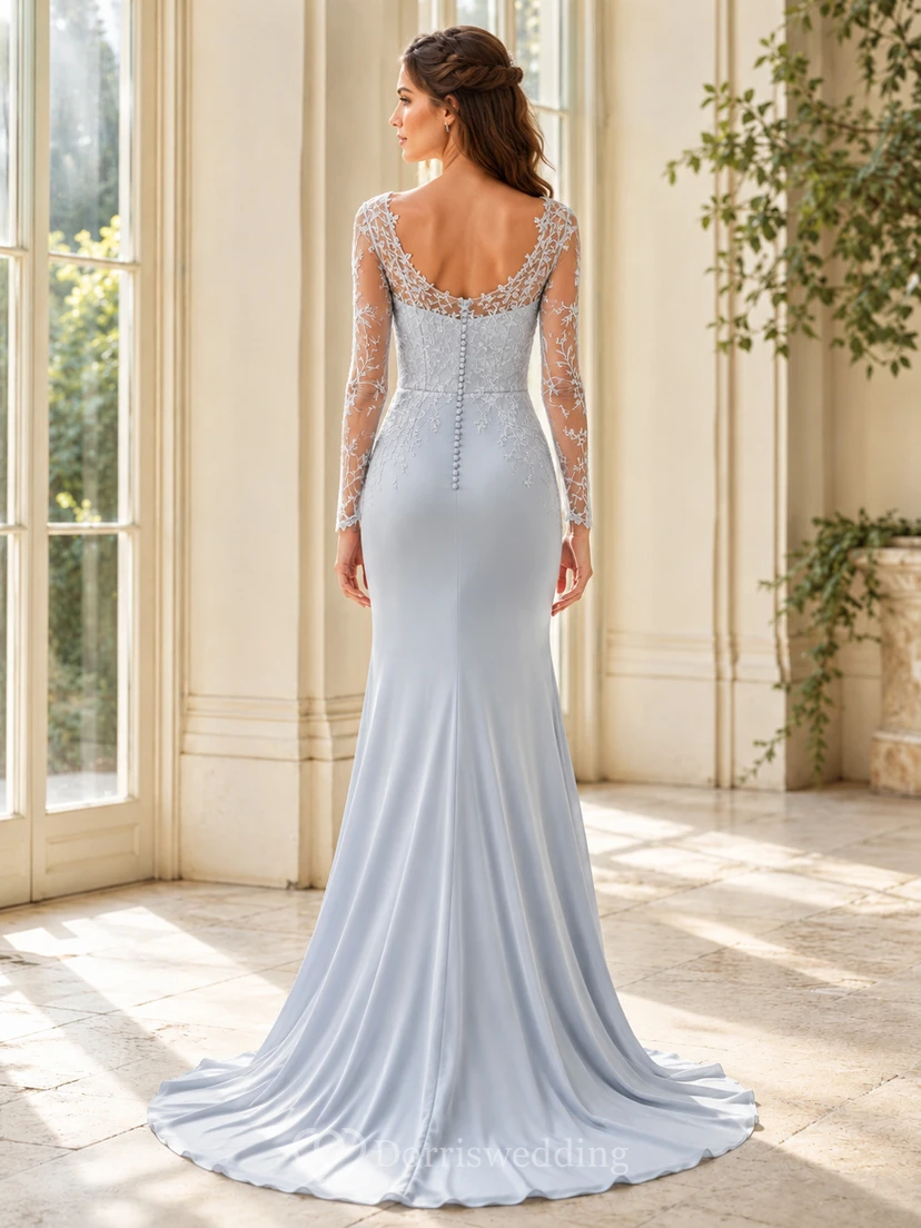 Robe de mariée sirène élégante en satin gris-bleu à col en V et manches illusion longues en dentelle, ornée de dentelle. view 2