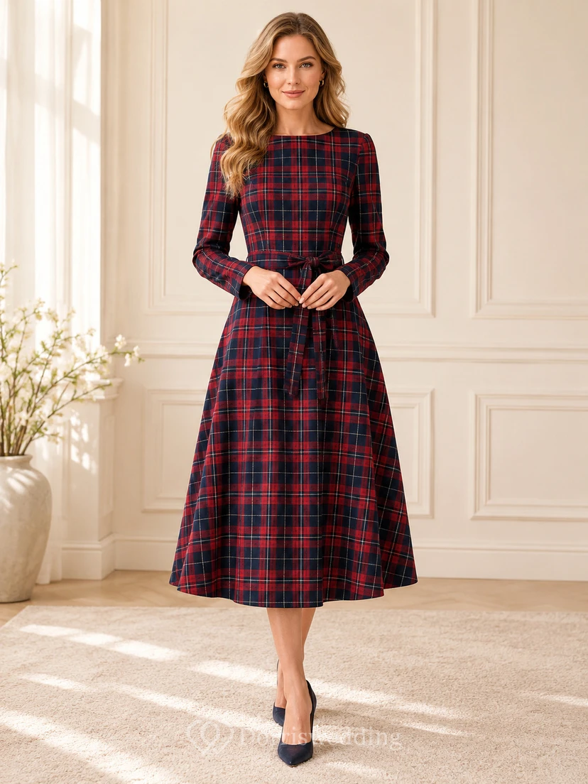 Vestido midi de invierno de manga larga estilo barco con estampado de tartán rojo