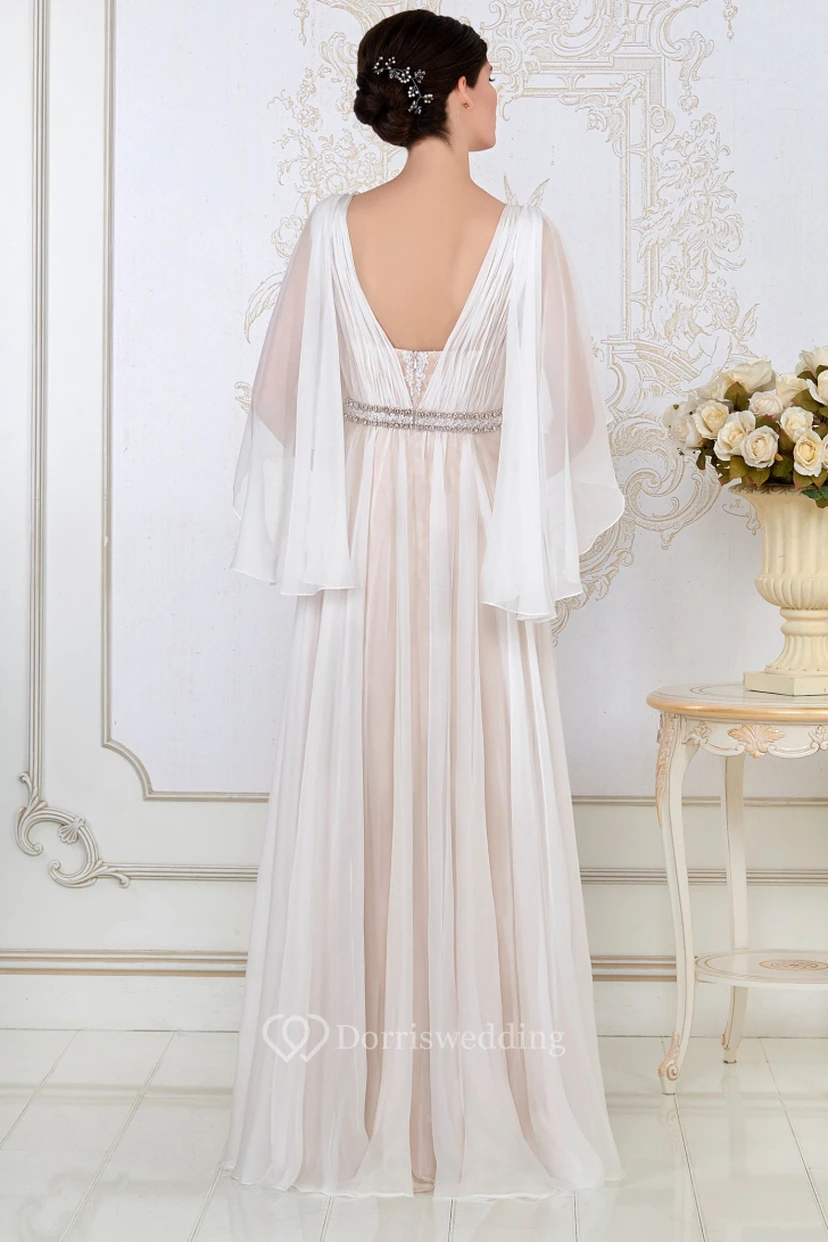 Robe de soirée longue en tulle, coupe trapèze, manches bouffantes, col en V orné de perles et de fronces. view 2