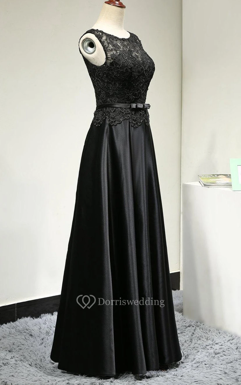 Scoop Neck Sleeveless Lace Bodice Satin A-line Long Dress With Belt view 2