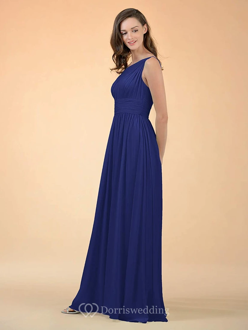 Simple One-shoulder A Line Sleeveless Floor-length Chiffon Bridesmaid Dress With Ruching view 15