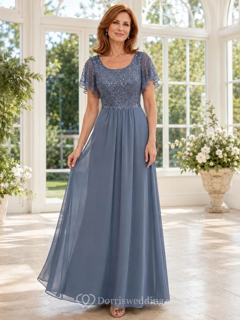 Elegantes, bodenlanges Chiffonkleid in Stahlblau mit A-Linien-Schnitt, Rundhalsausschnitt, paillettenbesetztem Oberteil und flatternden Ärmeln für die Mutter der Braut.