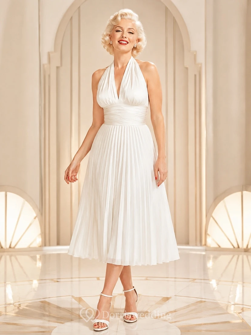 Vintage Teelanges Neckholder-A-Linien-Cocktailkleid in Weiß mit Falten