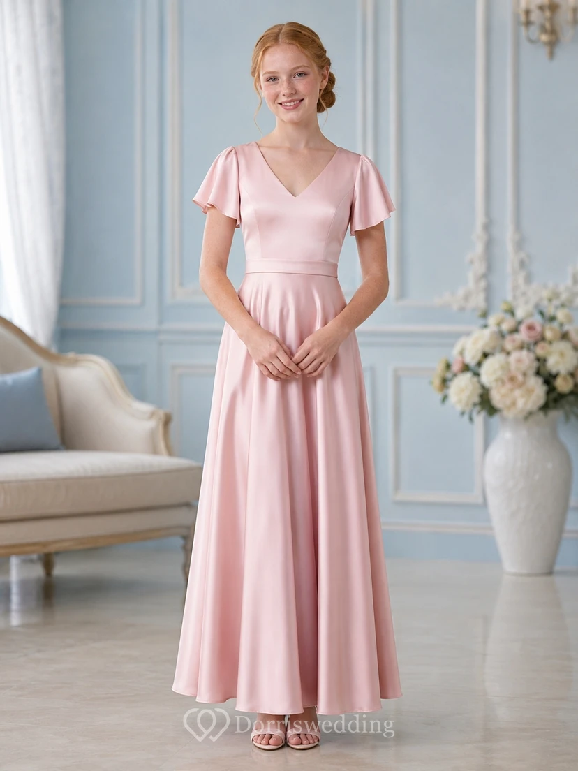 Modernes, perlmuttrosafarbenes, bodenlanges Brautjungfernkleid aus Satin mit Glockenärmeln, V-Ausschnitt und A-Linien-Ausschnitt