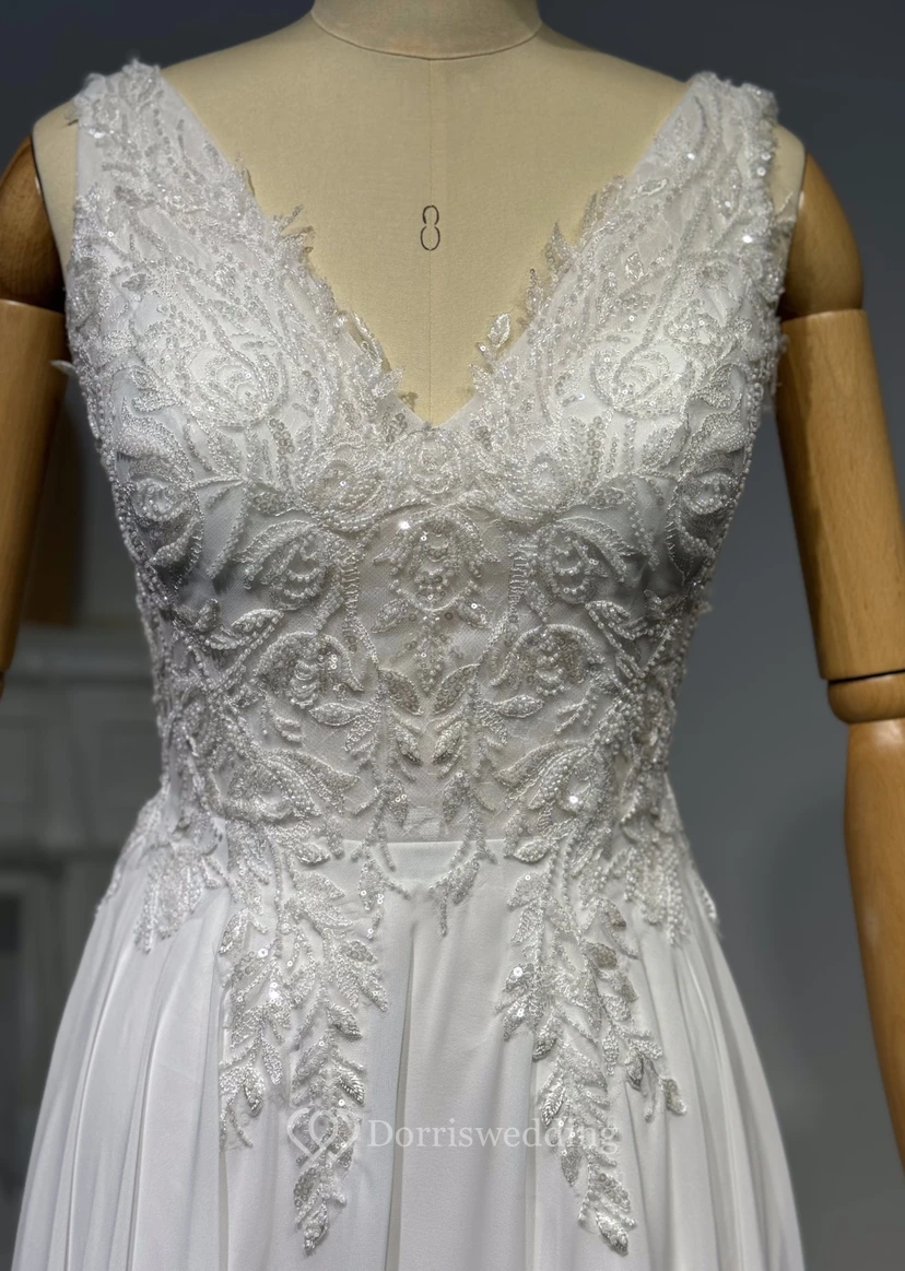 Sexy V-neck Sleeveless Front Split Chiffon Empire Lace Wedding Dress view 3