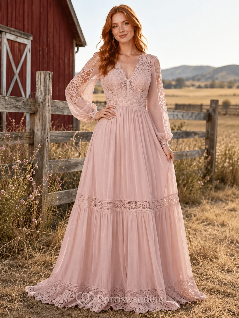 Dusty Pink Long Sleeve Crochet Tiered Rustic Barn Bridal Gown