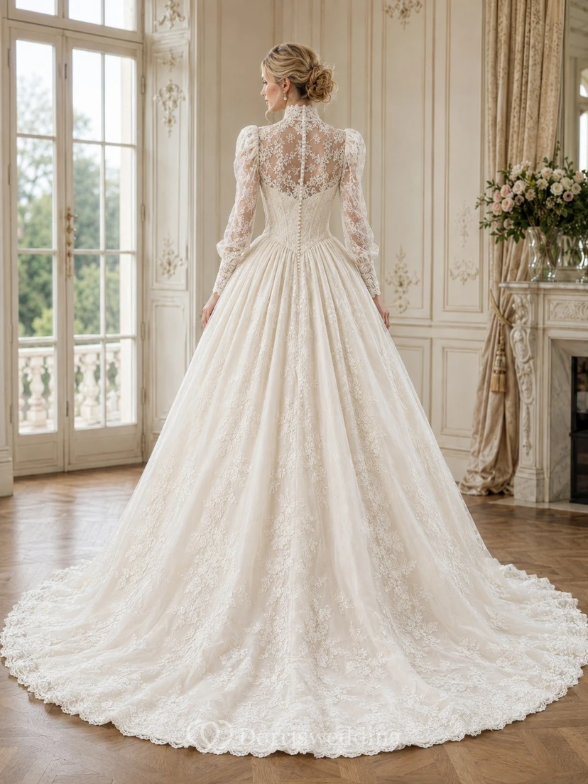 Vestido de novia vintage modesto, romántico, de manga larga, cuello alto y estilo princesa, color blanco con encaje. view 2