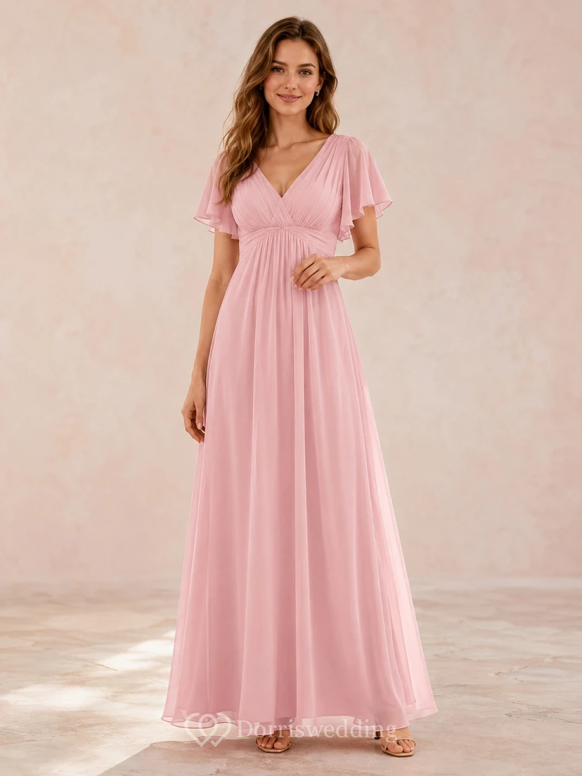 Pearl Pink Empire V-Neck Flutter Sleeve Chiffon A-Line Guest Gown